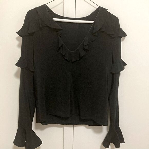 Alexis Tops - Alexis Silk Long Sleeve Ruffled Black Blouse. Size XS.